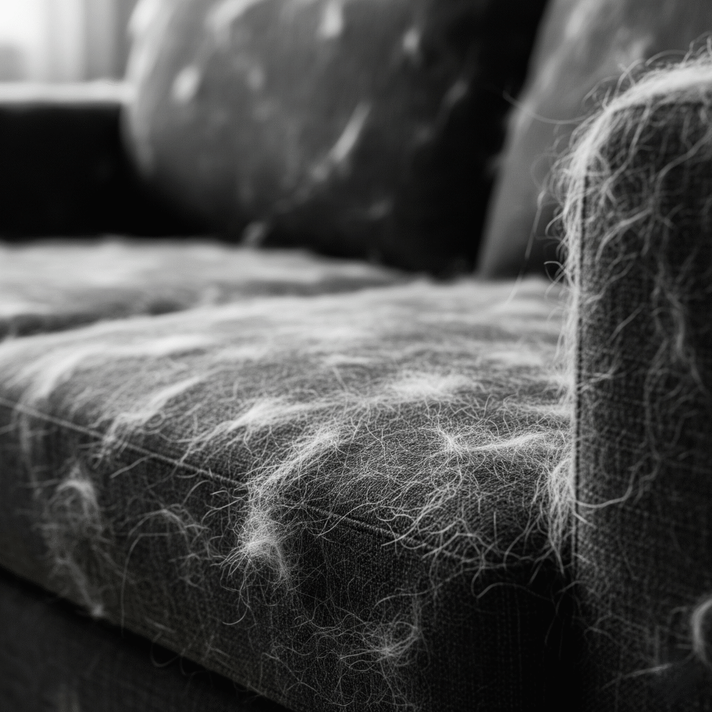 couch covered in pet hair, close up