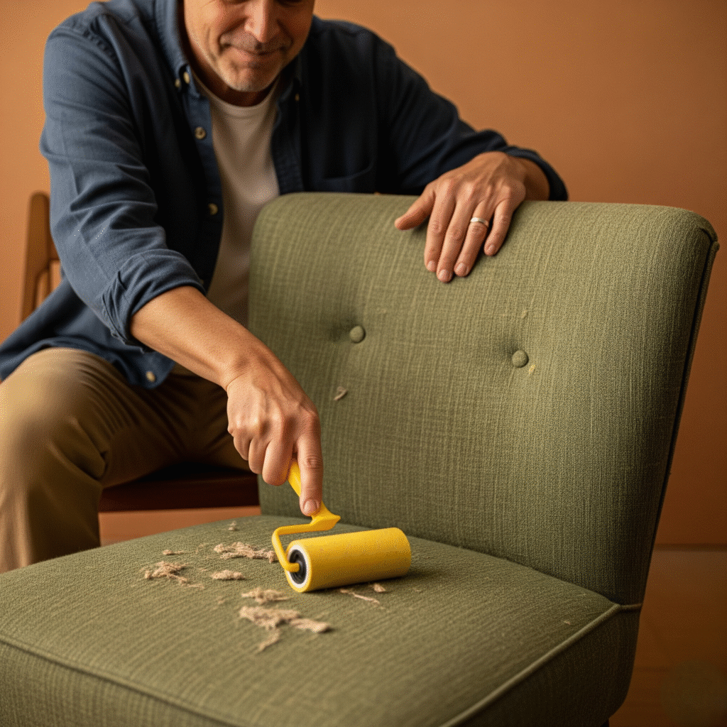 someone using a lint roller on a chair