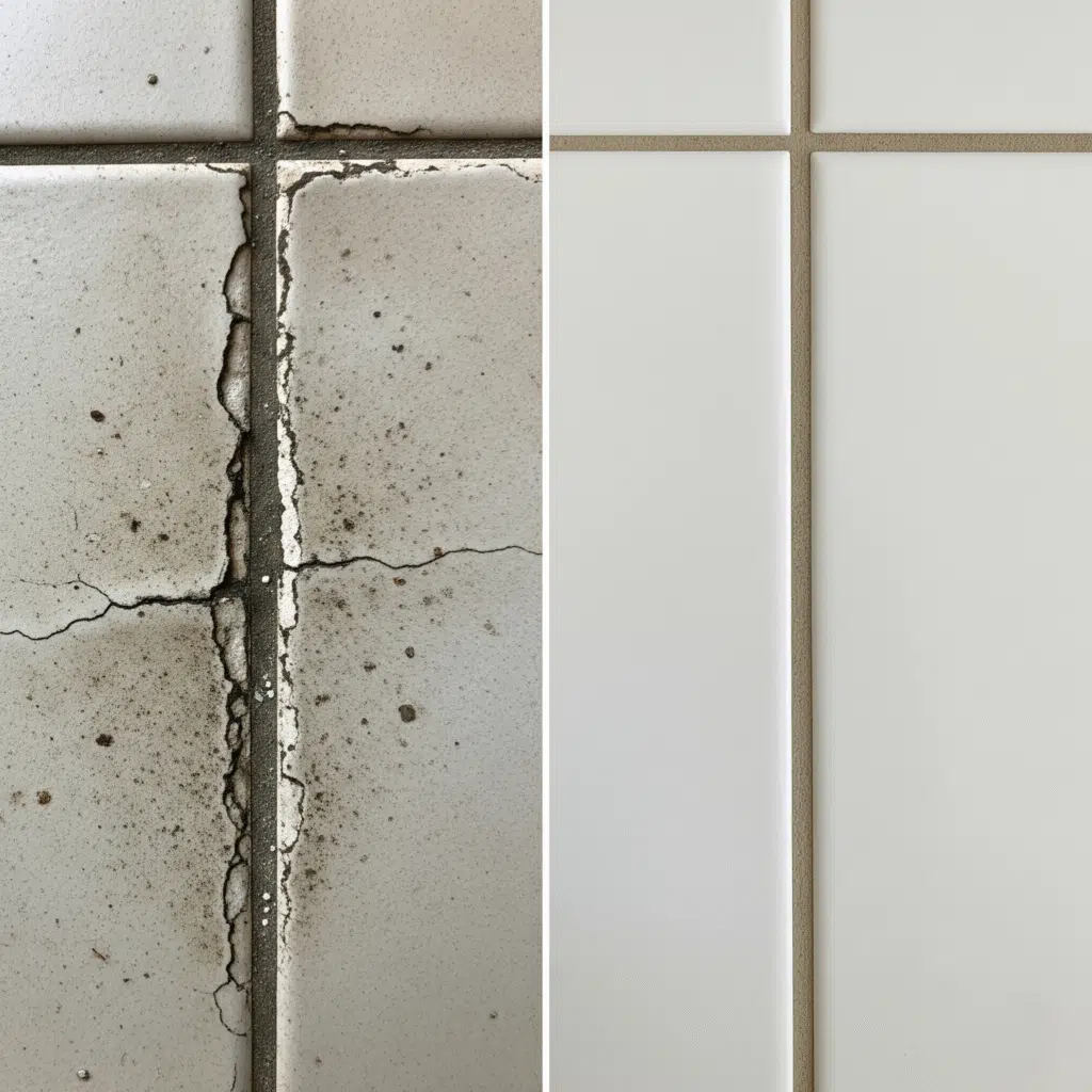 stained vs. freshly sealed grout.