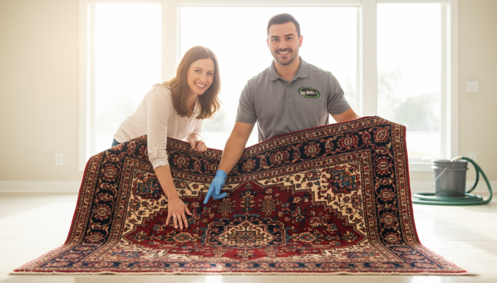 Friendly technician showing a freshly cleaned rug to a smiling homeowner.