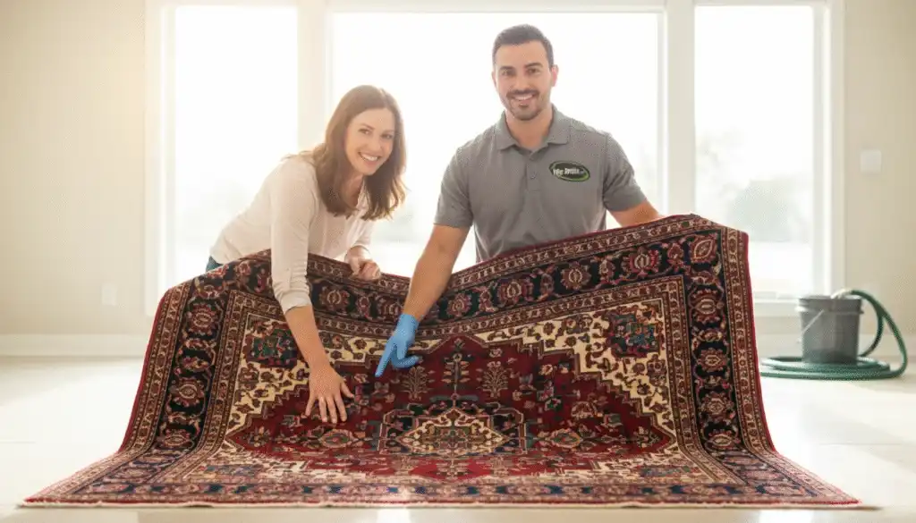 Friendly technician showing a freshly cleaned rug to a smiling homeowner.