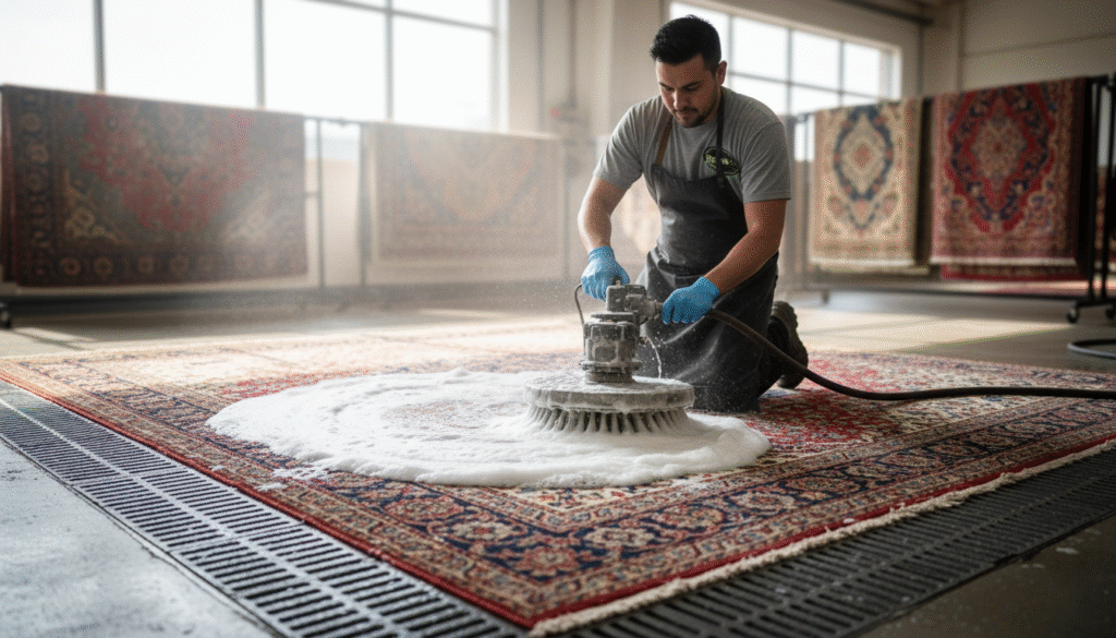 Technician carefully washing a rug on a flat surface using professional cleaning tools.