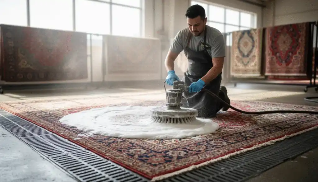 Technician carefully washing a rug on a flat surface using professional cleaning tools.