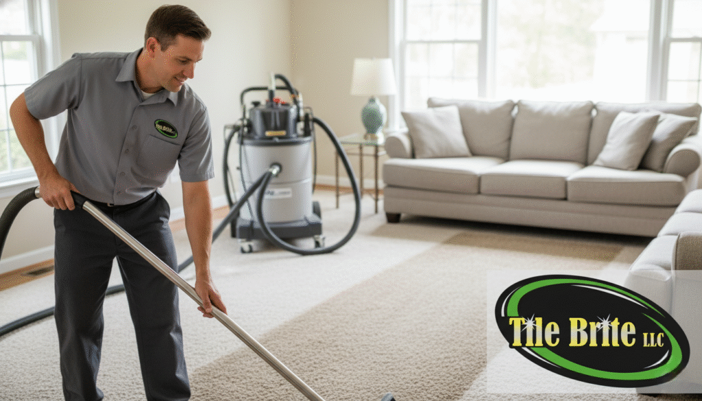 carpet cleaner using a hot water extraction machine on residential carpet in East Haven.