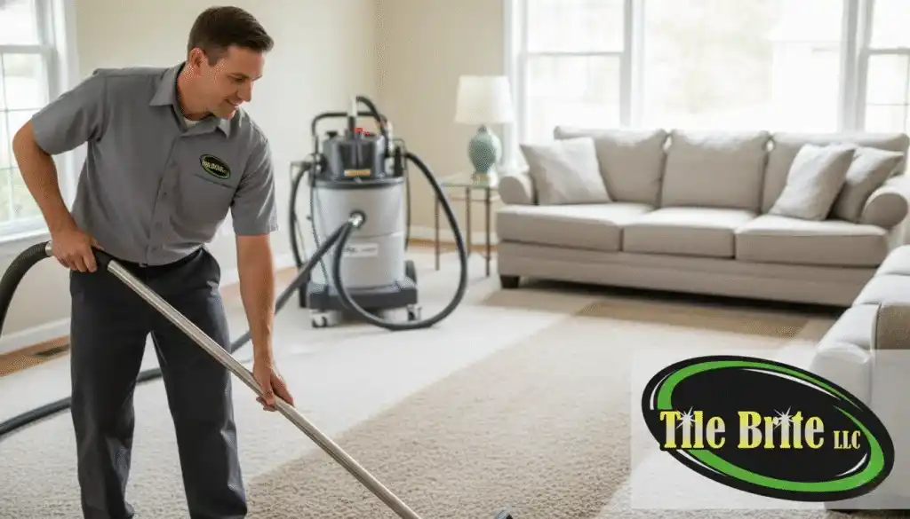 carpet cleaner using a hot water extraction machine on residential carpet in East Haven.