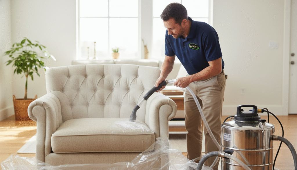 deep cleaning an upholstered chair with professional equipment.