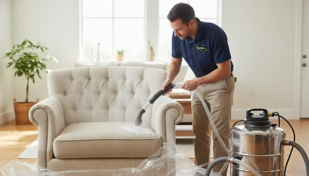 deep cleaning an upholstered chair with professional equipment.