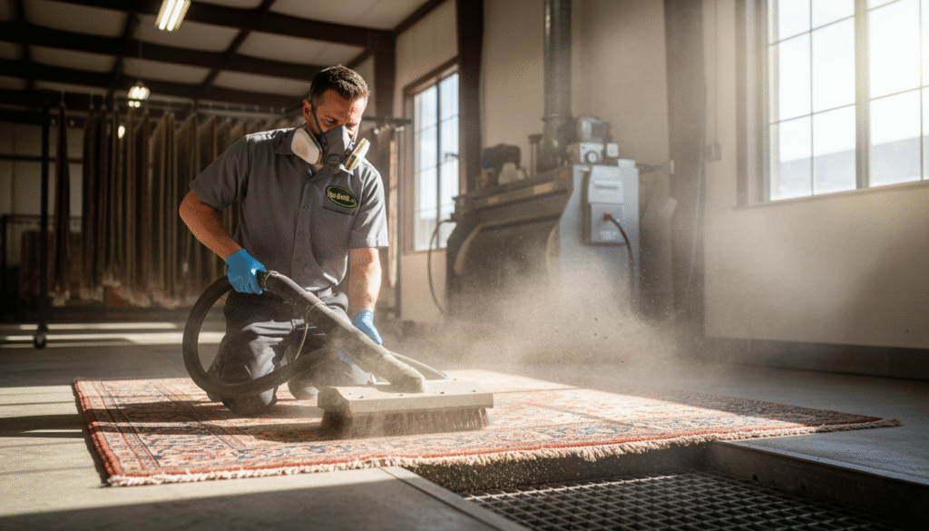 dust extraction process from a rug with visible dirt particles being removed.