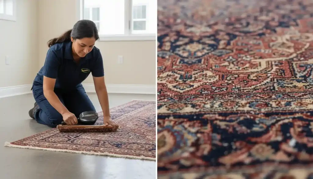 A technician inspecting a Persian rug before cleaning, with close up detail of fibers.