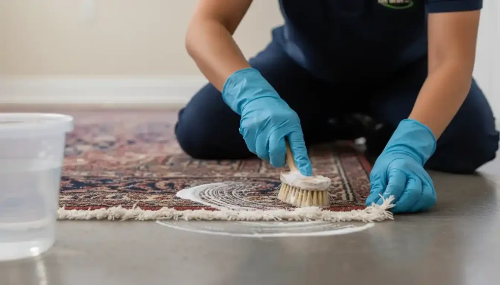 Close up of a technician hand cleaning rug fringes.