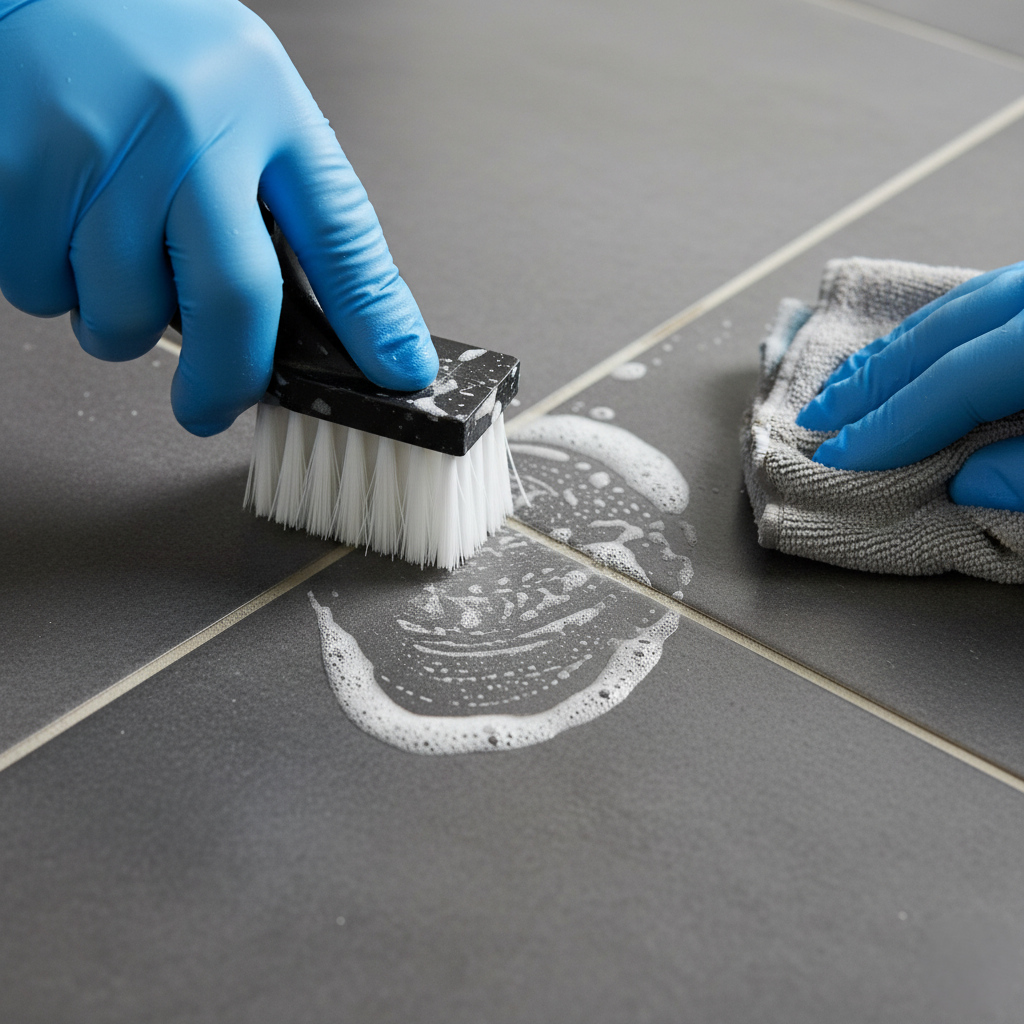 Close up of grout haze removal on tile using professional cleaning tools.