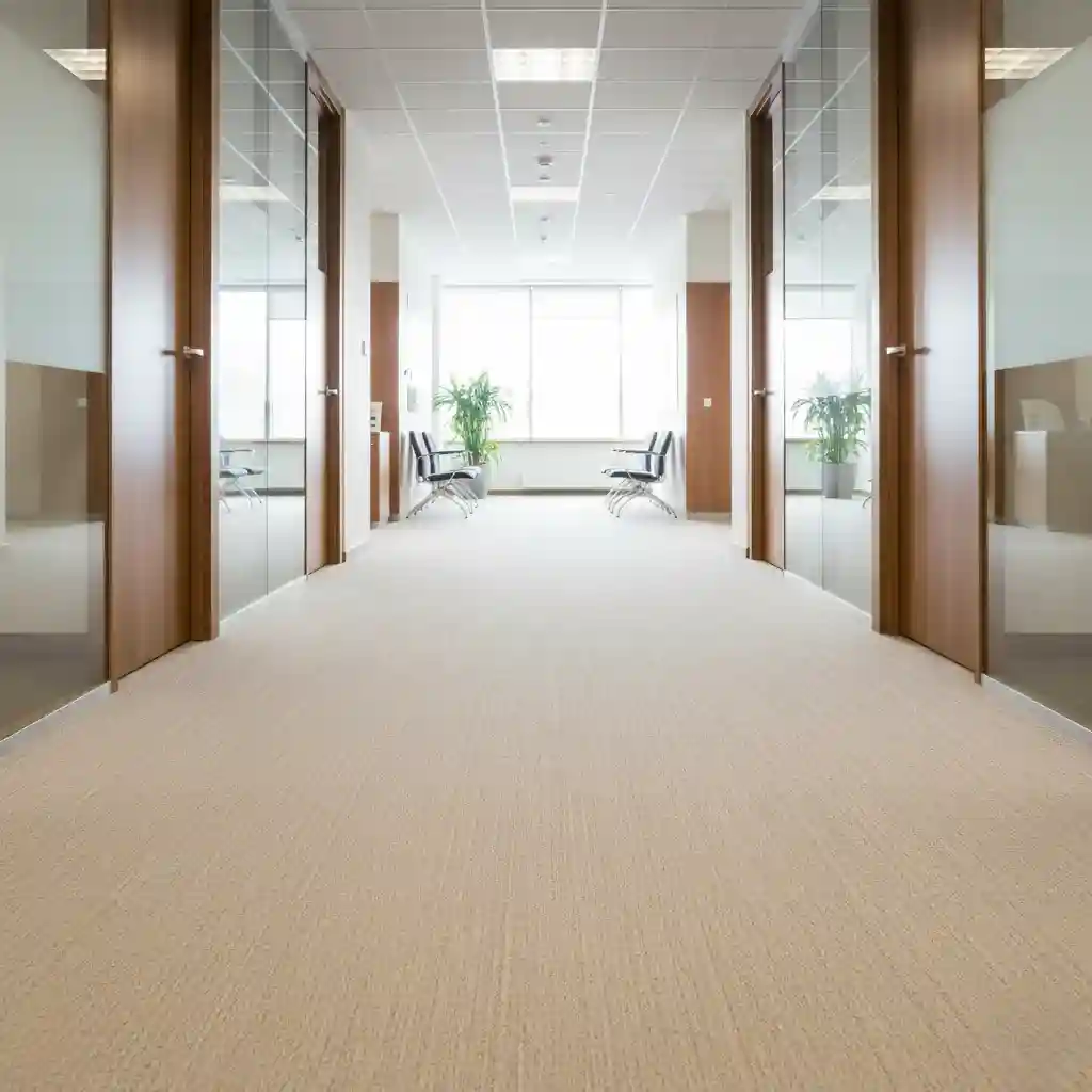 Office hallway with visibly clean carpet after regular professional maintenance.