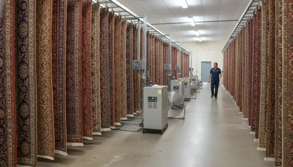 Rug drying on a rack inside a professional climate controlled facility