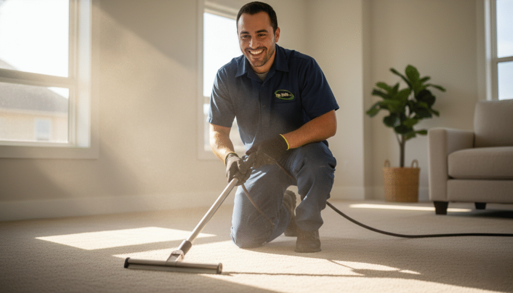 Smiling technician cleaning carpet in a bright home