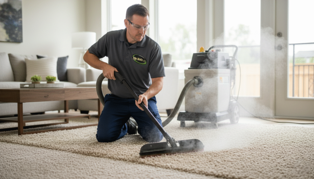 Technician applying steam cleaning method to rejuvenate carpet fibers.