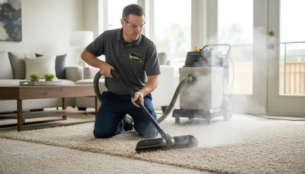 Technician applying steam cleaning method to rejuvenate carpet fibers.