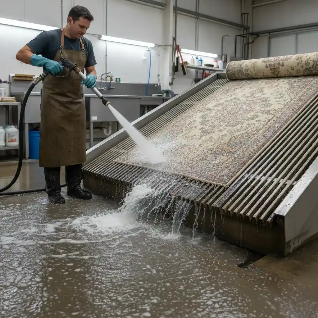 Water running dark during a professional rug washing demonstration.