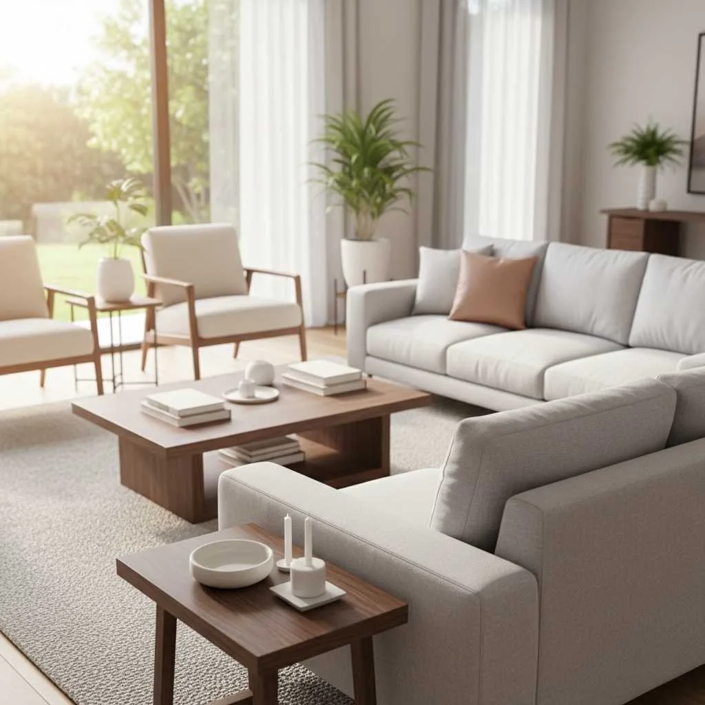 living room with freshly cleaned and protected furniture.