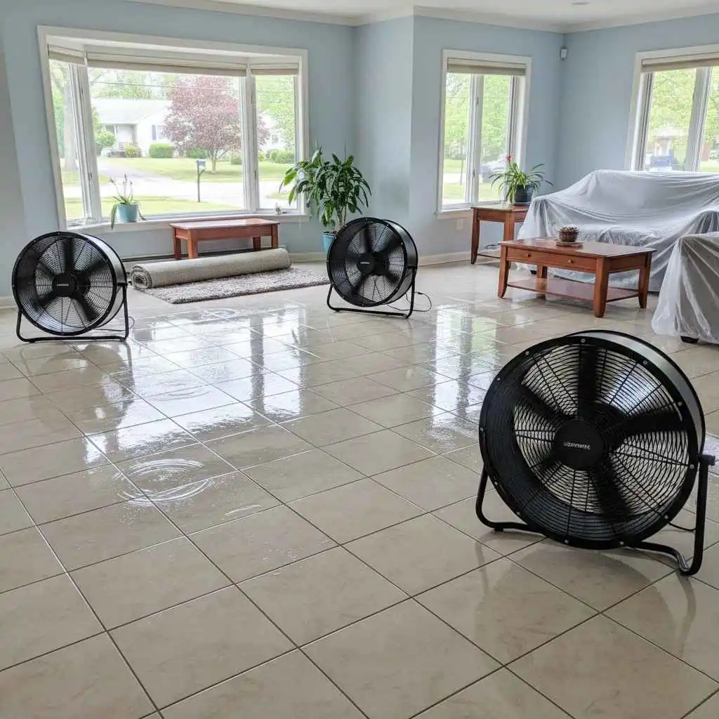 Tile floor drying after professional cleaning in an East Haven home