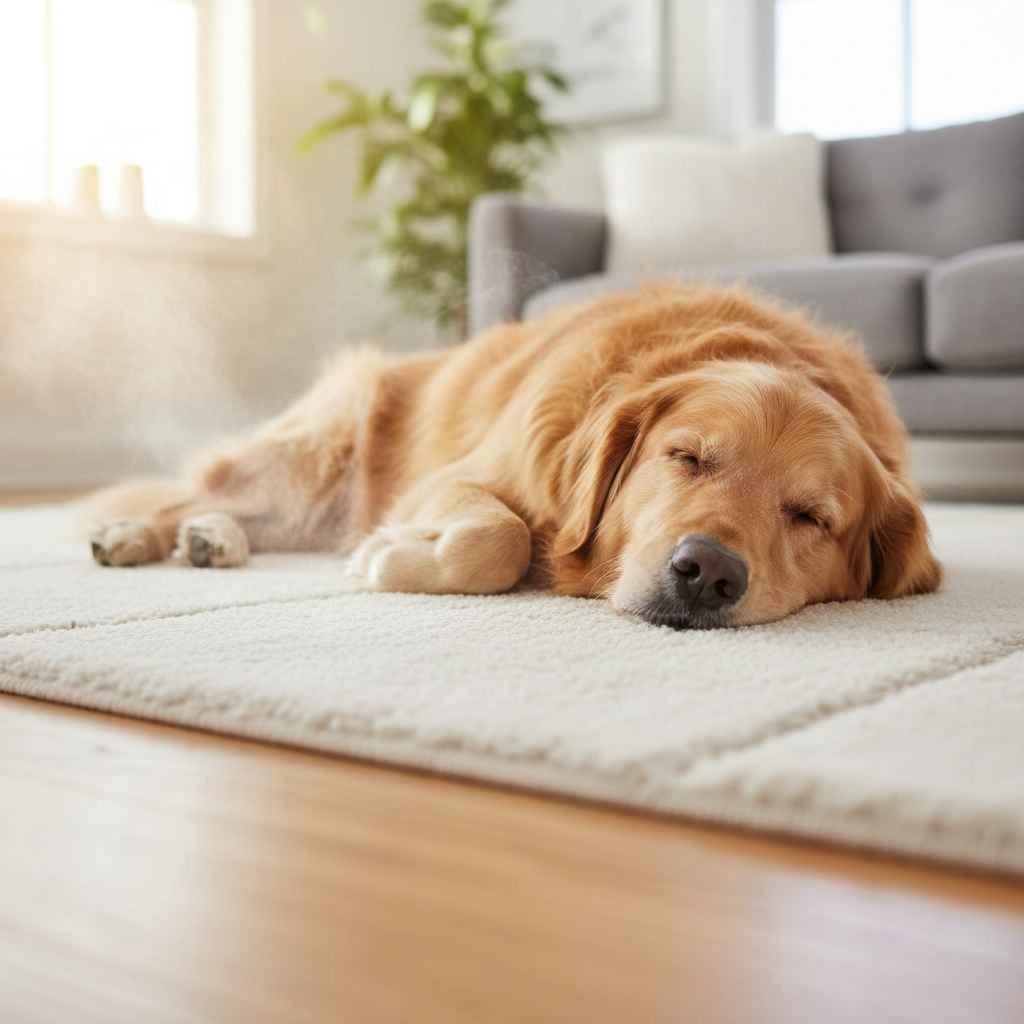  dog lying comfortably on freshly cleaned carpet