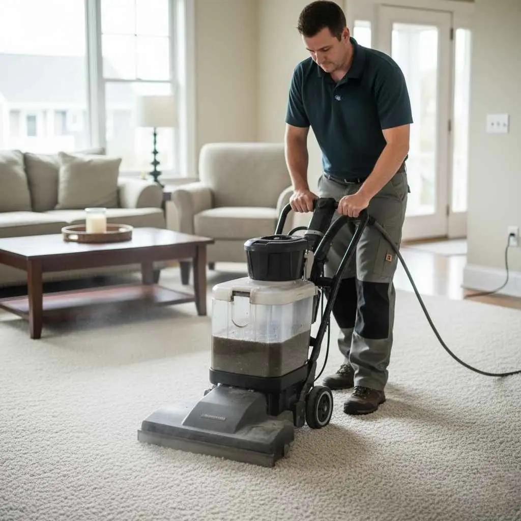 technician using heavy traditional cleaning equipment for carpets