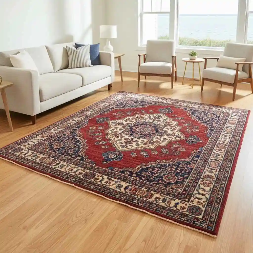 Clean, bright area rug placed in living room