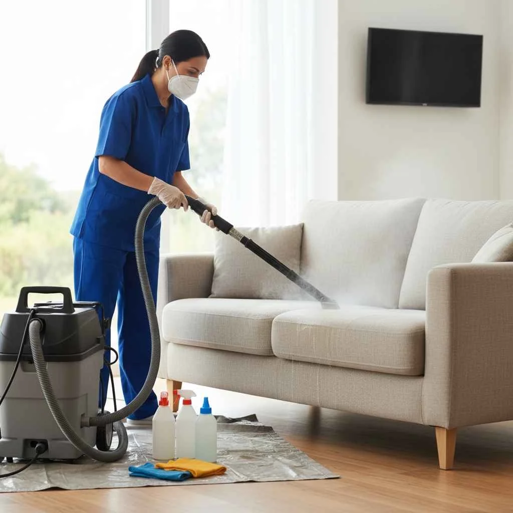 Professional technician cleaning a sofa with upholstery equipment