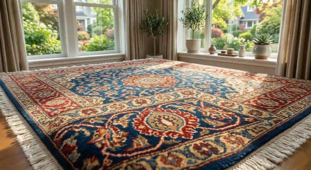 bright, freshly cleaned Oriental rug in a living room.