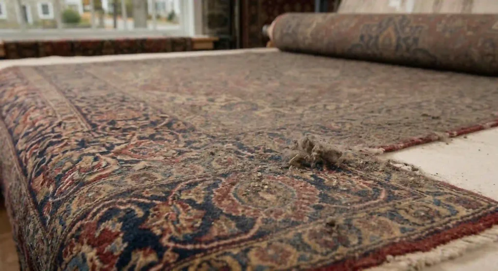 detailed Oriental rug pattern showing dust buildup before professional cleaning.