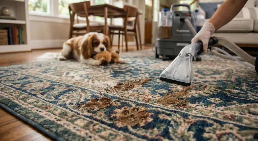 muddy pet paw prints on a carpet before professional cleaning.