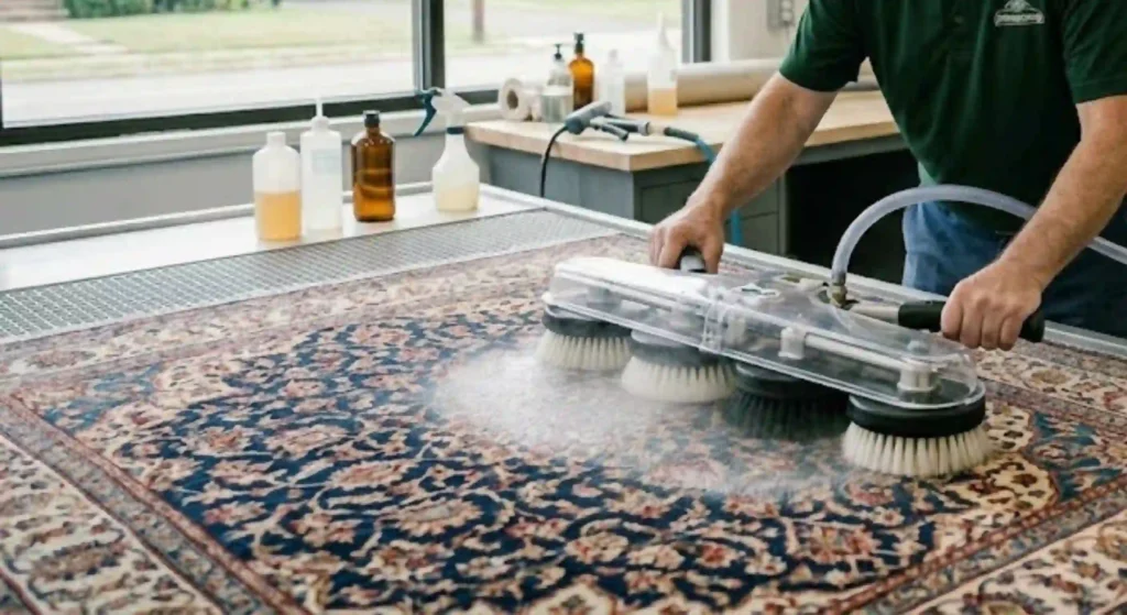 rug cleaning process (gentle hand washing or equipment use)