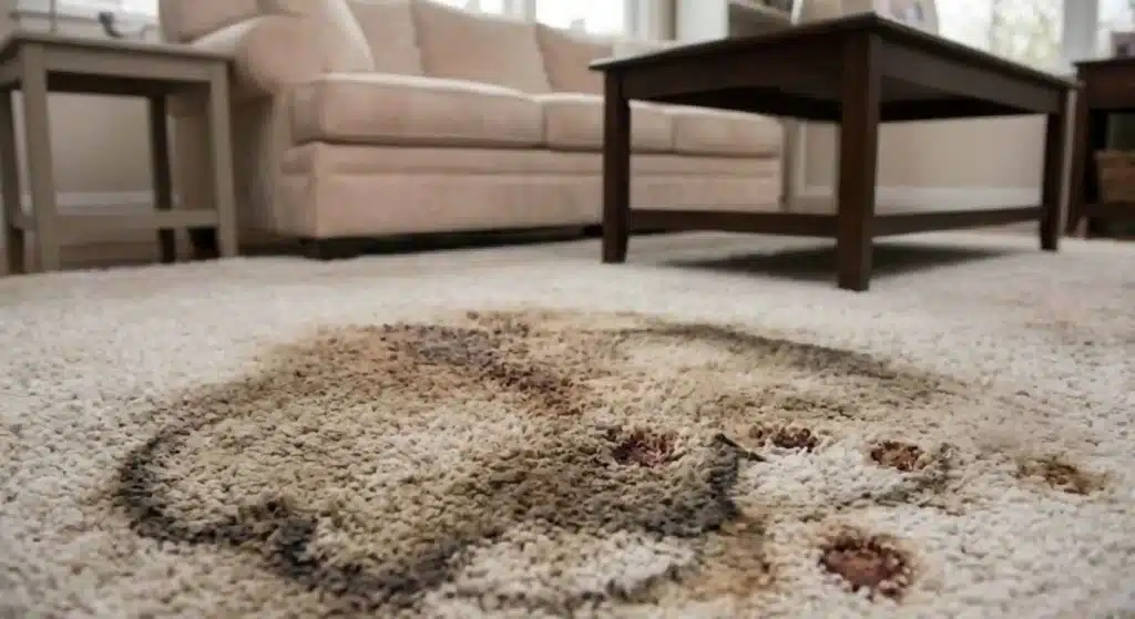 Deep carpet stain before professional cleaning in New Haven