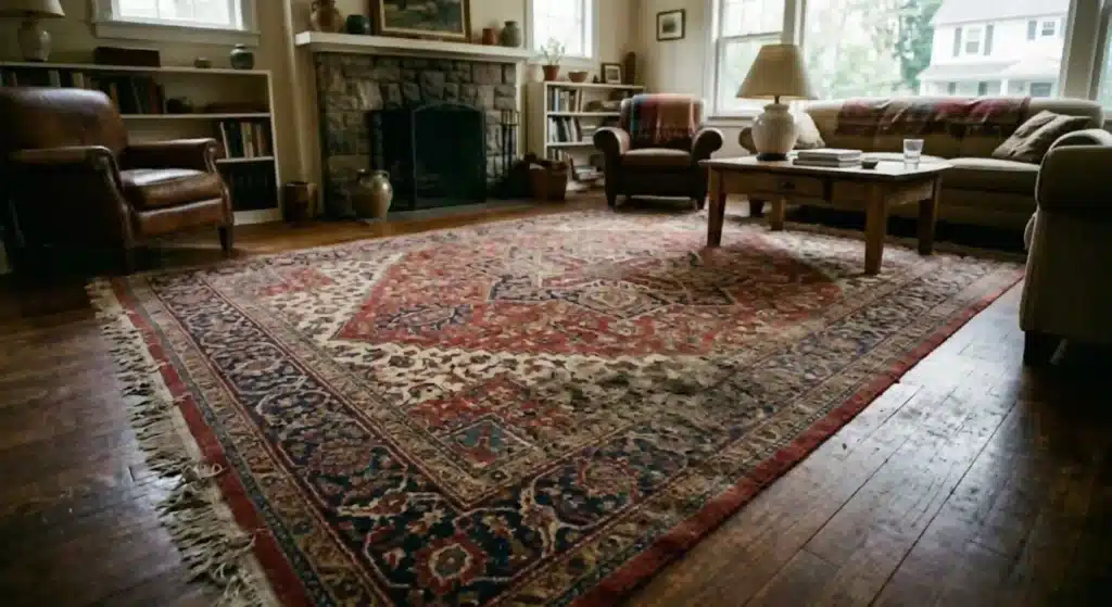 Detailed oriental rug before professional cleaning in New Haven home