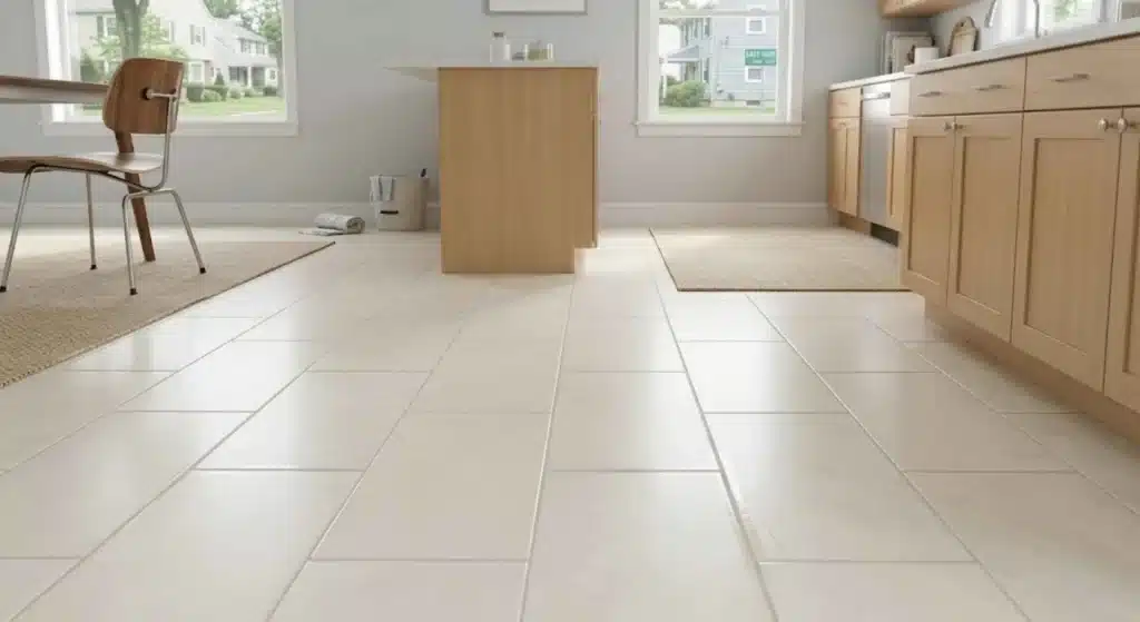 Freshly sealed grout and clean tile floor in East Haven kitchen