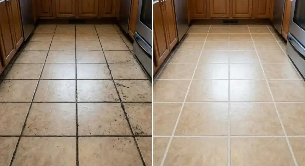 Before and after grout restoration in East Haven kitchen