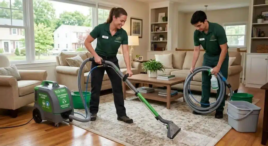 Professional eco-friendly carpet cleaning team working in East Haven