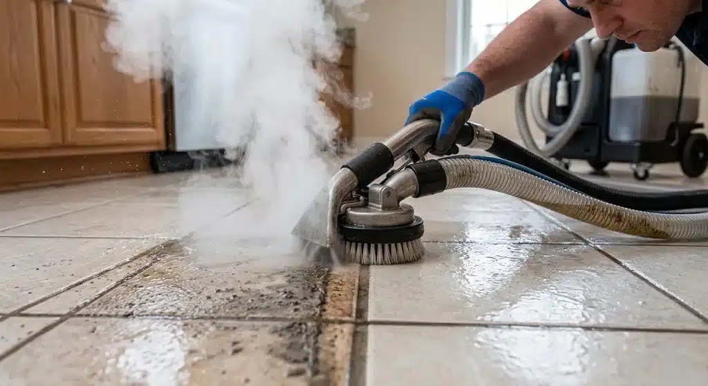 High-powered steam cleaning of stained grout in an East Haven home