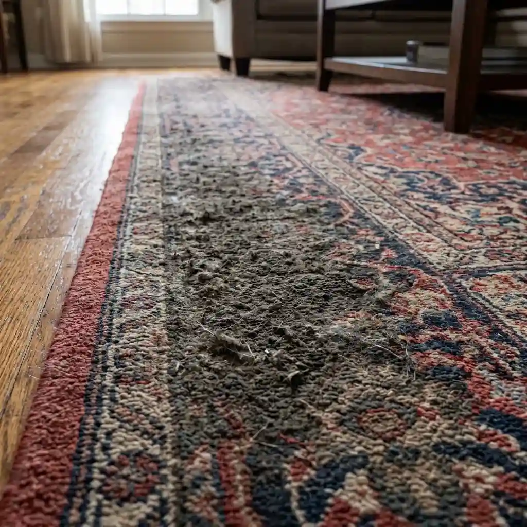 Dirt and high-traffic buildup on an area rug before professional cleaning