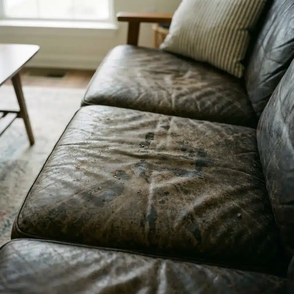 Stains and dirt on leather couch upholstery before professional cleaning