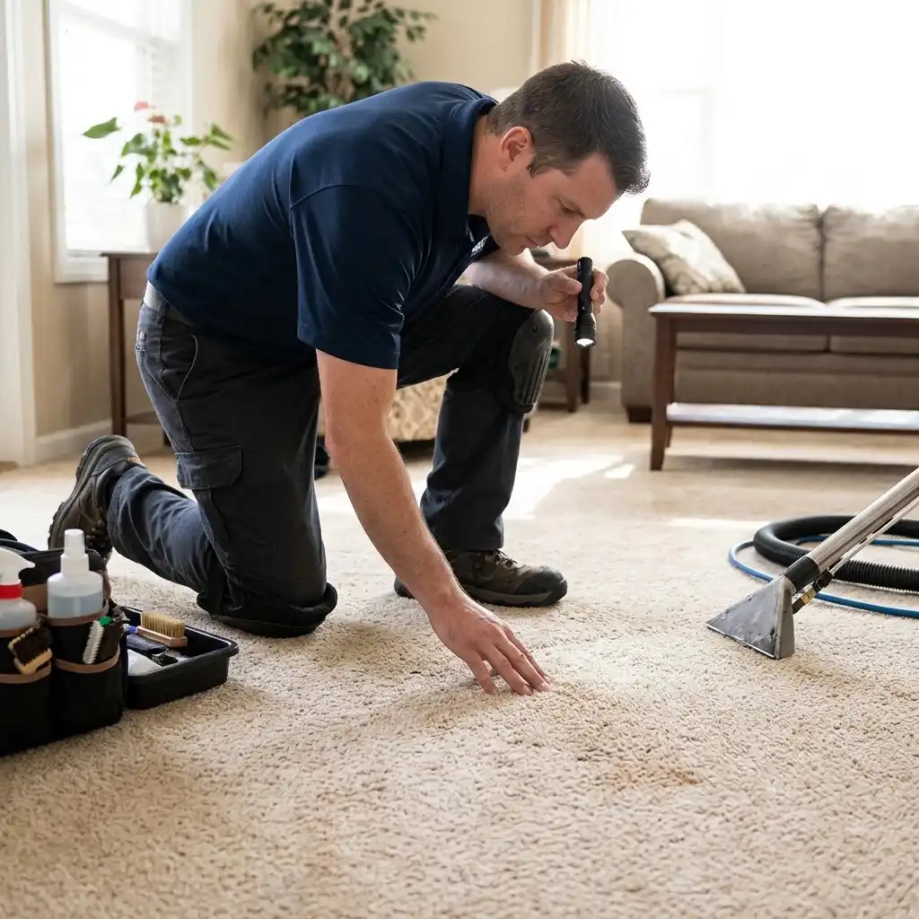 Carpet cleaning technician assesses an older carpet before professional hot water extraction.