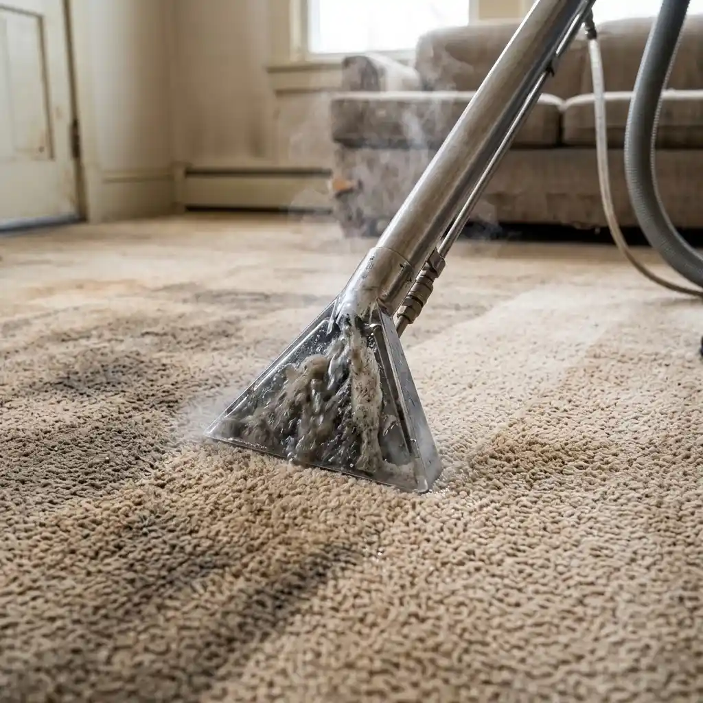 Hot water extraction equipment removes deep-seated dirt from an older residential carpet.