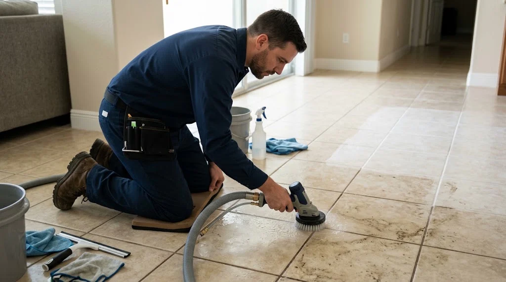 Tile Brite professional cleaning technician using steam cleaning equipment on tile grout in East Haven.
